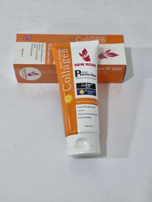 کرم ضد آفتاب بی رنگ برند نیو رز 50 spf حجم 130میل ماندگاری 24 ساعته